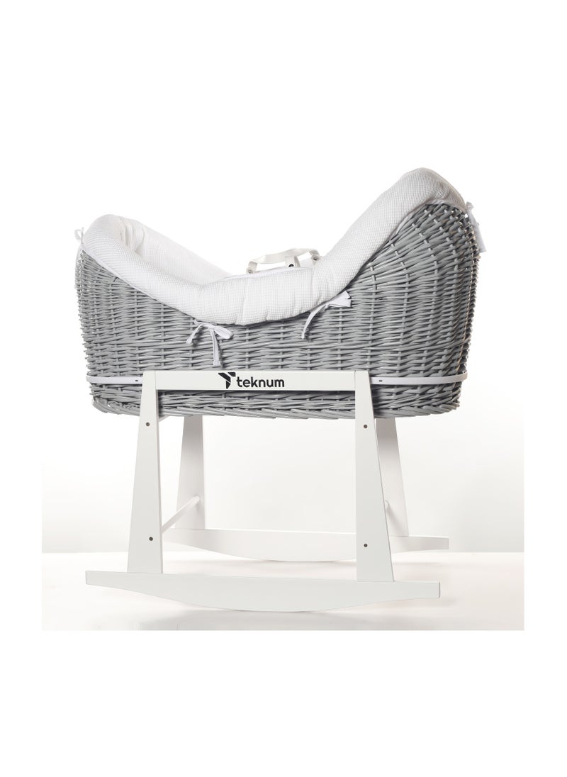 TEKNUM - Infant Wicker Pod Moses Basket With White Waffle Beddings And White Rocker Stand - Wooden Grey - Image 1