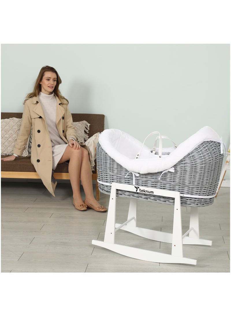 TEKNUM - Infant Wicker Pod Moses Basket With White Waffle Beddings And White Rocker Stand - Wooden Grey - Image 1