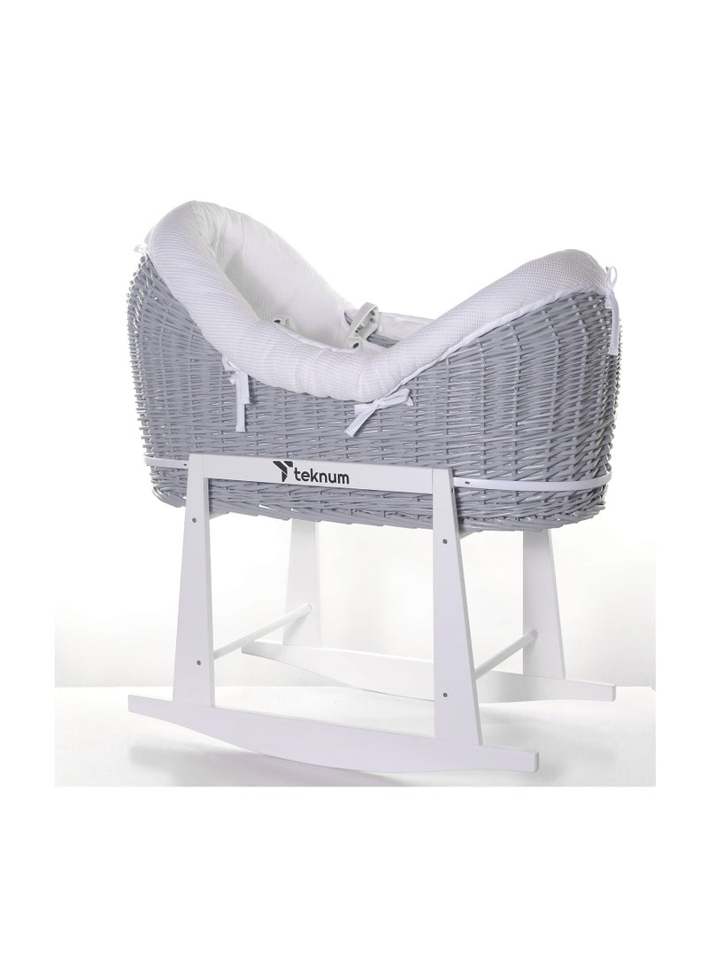 TEKNUM - Infant Wicker Pod Moses Basket With White Waffle Beddings And White Rocker Stand - Wooden Grey - Image 1