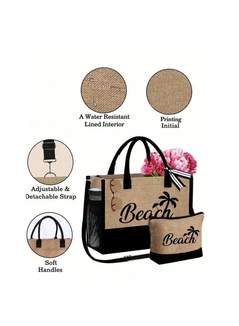 Shein Black & Khaki "Beach Coconut Tree" Print 9-Piece Bag Set, Including Beach Bag, Cosmetic Bag, Mini Pouch, Tote Bag, Coin Purse, Storage Bag, Pen Case, Handbag, - Image 3