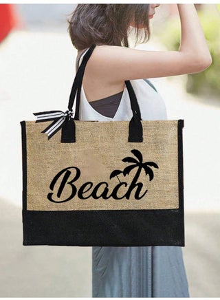 Black & Khaki "Beach Coconut Tree" Print 9-Piece Bag Set, Including Beach Bag, Cosmetic Bag, Mini Pouch, Tote Bag, Coin Purse, Storage Bag, Pen Case, Handbag,