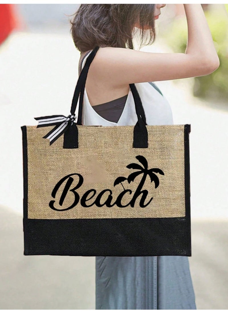 Shein Black & Khaki "Beach Coconut Tree" Print 9-Piece Bag Set, Including Beach Bag, Cosmetic Bag, Mini Pouch, Tote Bag, Coin Purse, Storage Bag, Pen Case, Handbag, - Image 1