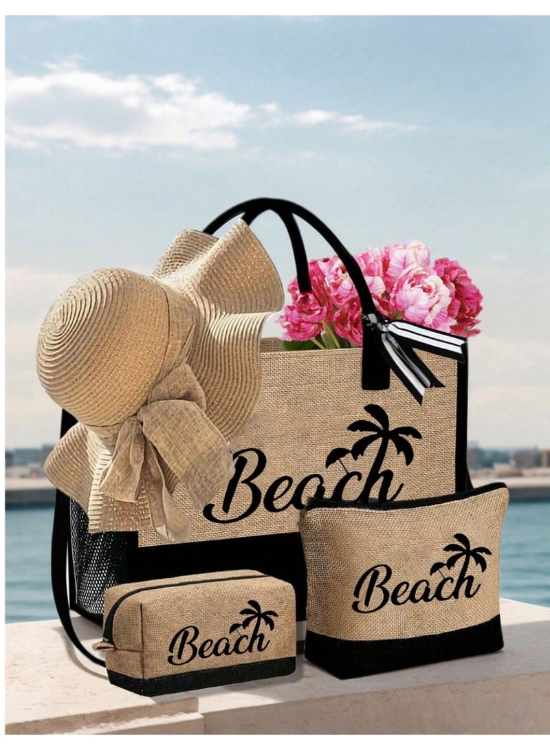 Shein Black & Khaki "Beach Coconut Tree" Print 9-Piece Bag Set, Including Beach Bag, Cosmetic Bag, Mini Pouch, Tote Bag, Coin Purse, Storage Bag, Pen Case, Handbag, - Image 2