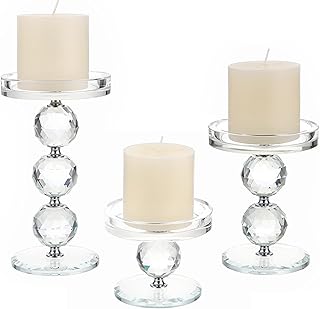 OwnMy Set of 3 Crystal Glass Pillar Candlestick Holders Votive Candle Holder Set, Clear Glass Tea Light Candle Stick - Image 1