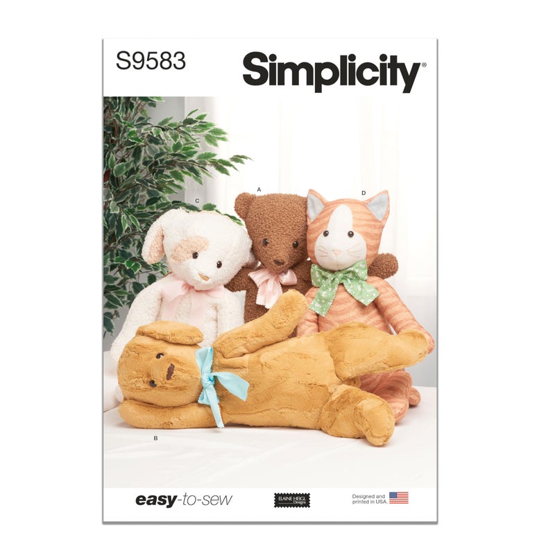 Simplicity SS9583OS Dog, Cat, and Bear Plush Animal Sewing Pattern Packet, Design Code S9583, One Size - Image 1