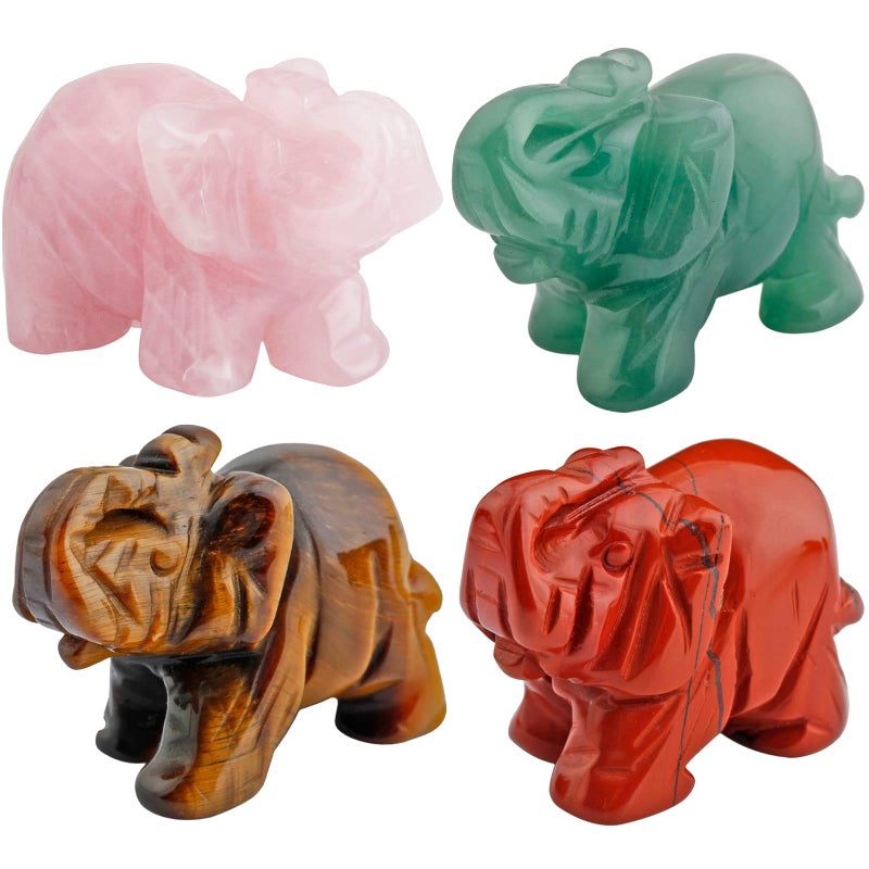 mookaitedecor Rose Quartz Green Aventurine Tiger's Eye Red Jasper Crystal Elephant Sculpture Statue Figurines 1.5 Inch Pack of 4 - Image 1
