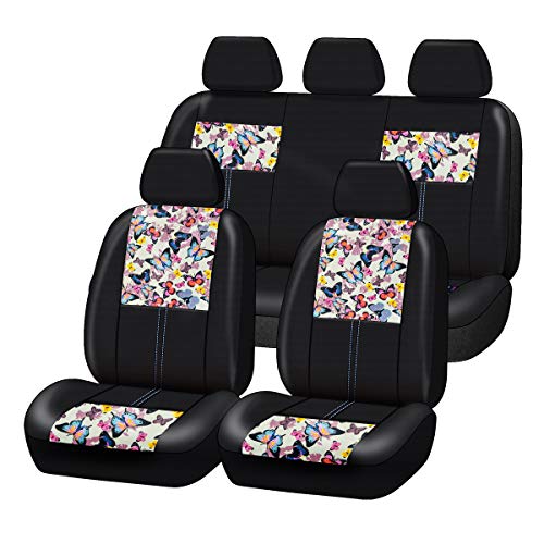 CAR-GRAND Universal Fit Pretty Butterfly and Flowers PU Leather Car Seat Covers with Zipper Design, Full Set Package,Airbag Compatible (Black with Beige) - Image 1