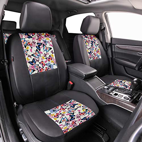 CAR-GRAND Universal Fit Pretty Butterfly and Flowers PU Leather Car Seat Covers with Zipper Design, Full Set Package,Airbag Compatible (Black with Beige) - Image 3