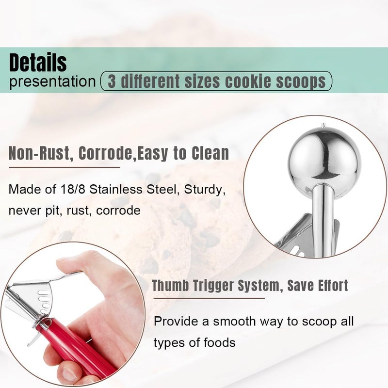 Saebye Cookie Scoop Set, Ice Cream Scoop Set, Cookie Scoops for Baking, Multiple Size Large-Medium-Small Size Disher, Professional 18/8 Stainless Steel Cupcake Scoop - Image 3