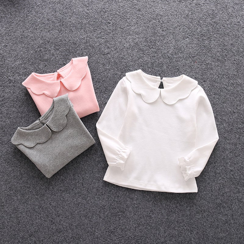 Girls' T-Shirt Korean Style Long Sleeve New Lapel Autumn Clothes Baby Baby Doll Collar Top Base Shirt - Image 3