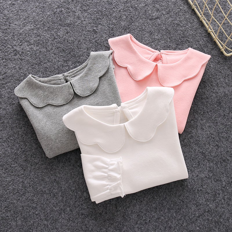Girls' T-Shirt Korean Style Long Sleeve New Lapel Autumn Clothes Baby Baby Doll Collar Top Base Shirt - Image 2