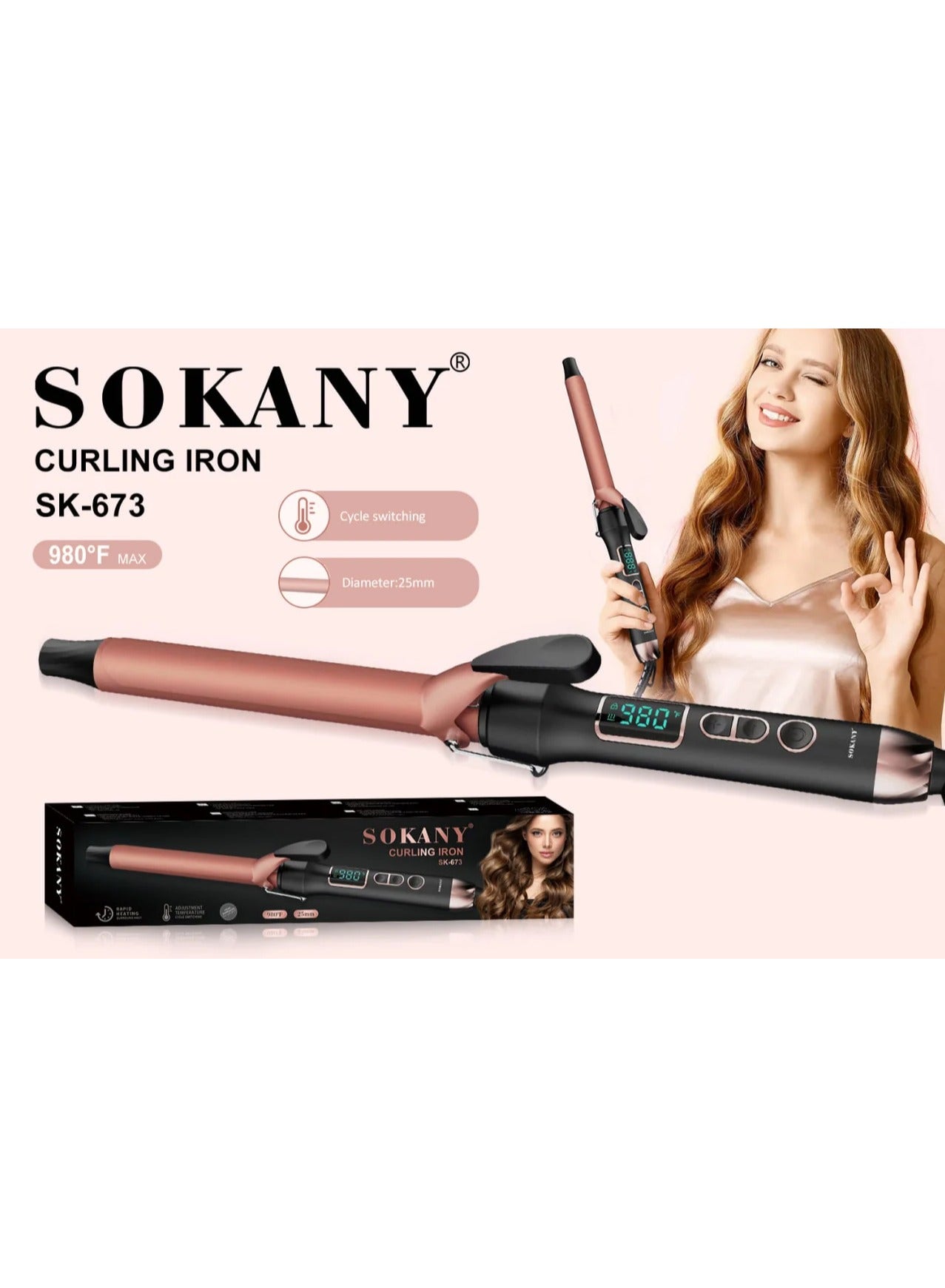 Sokany SK-673 Multi-Heat Hair Curler with 980°F, 25mm Digital Display - 1 Year Warranty
