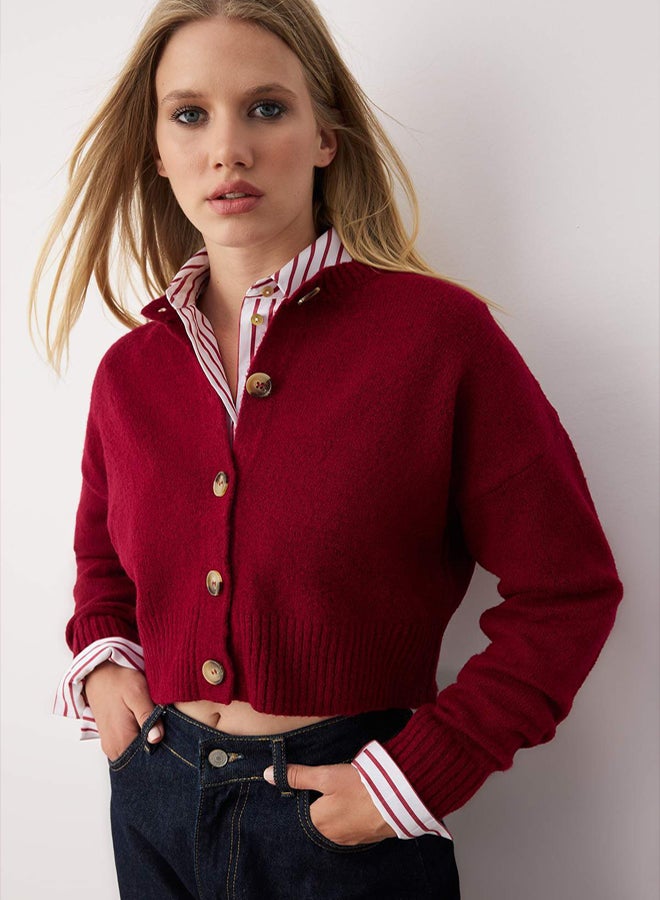 trendyol Burgundy Crop Soft Textured Button Knitwear Cardigan - Image 1