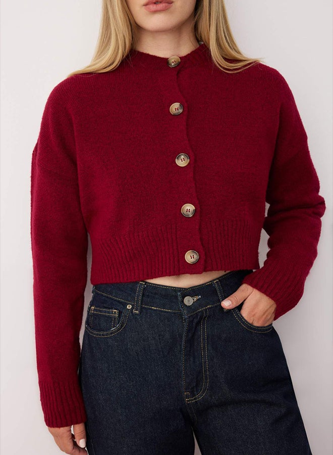 trendyol Burgundy Crop Soft Textured Button Knitwear Cardigan - Image 3