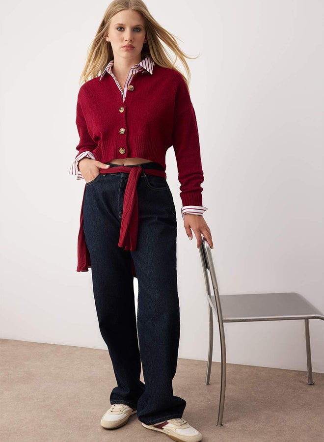 trendyol Burgundy Crop Soft Textured Button Knitwear Cardigan - Image 2