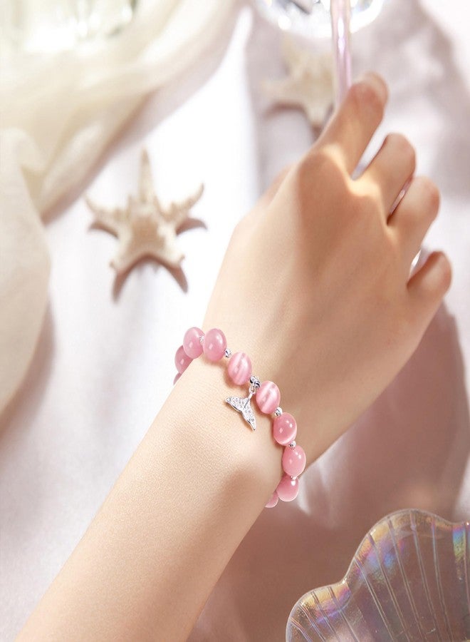 pcgaga Natural Crystal Stretch Bracelet Heart Healing Crystals for Women Friends Beaded Jewellery Bracelet Love Charm Valentines Gift for Her (Fishtail Pink) - Image 2