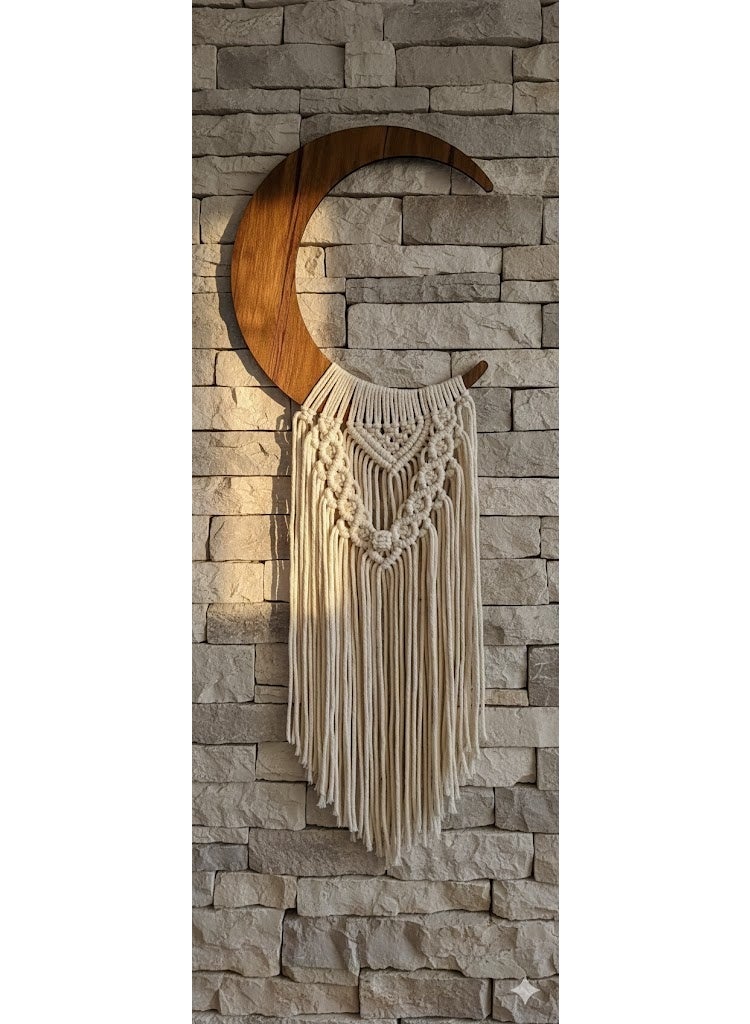 Handmade macramé crescent design, crafted from natural cotton threads, adds a touch of artistry and tranquility to any space. - Image 2