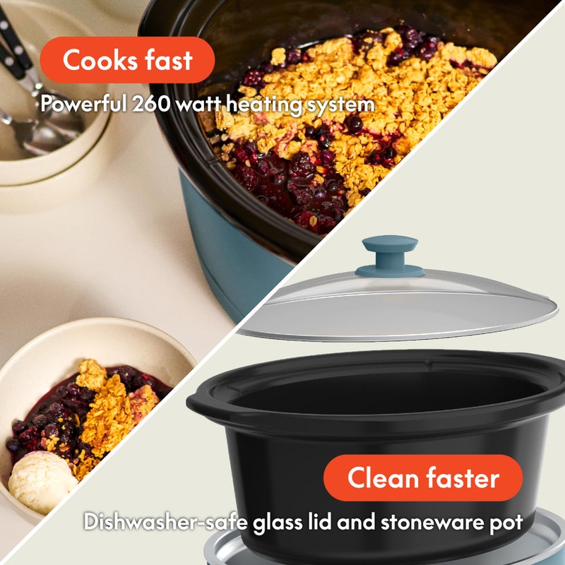 bella 6.0 Qt Manual Slow Cooker, Ceramic Nonstick Coating, 3 Temperature Settings, Dishwasher Safe Stoneware Pot and Tempered Glass Lid, Cool Touch Handles & Tangle Free Cord Wrap, Surf - Image 3