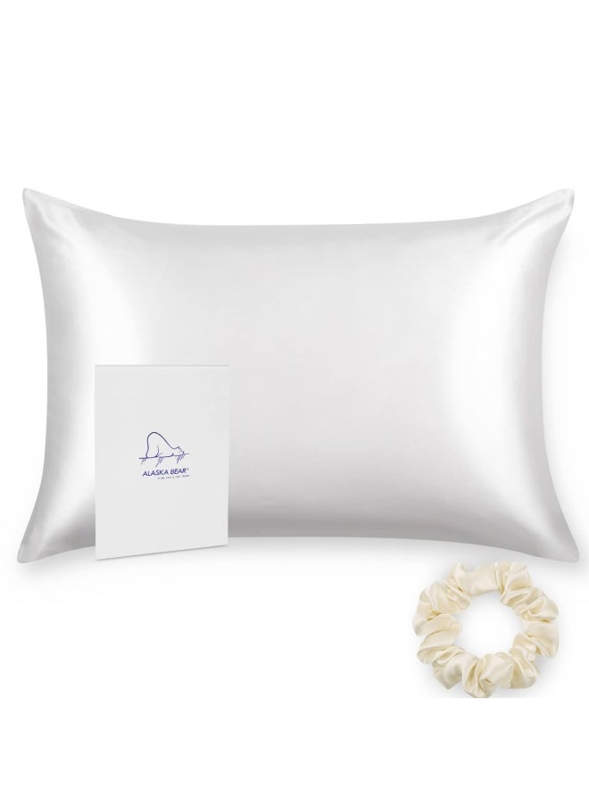 ALASKA BEAR Silk Pillowcase For Hair And Skin 100 Mulberry Silk Pillow Cases King Size For Bliss Sleep With Random Color Scrunchy Gift Set Better Than Poly Satin Zipper Closure 1Pc Cool White  - Image 1