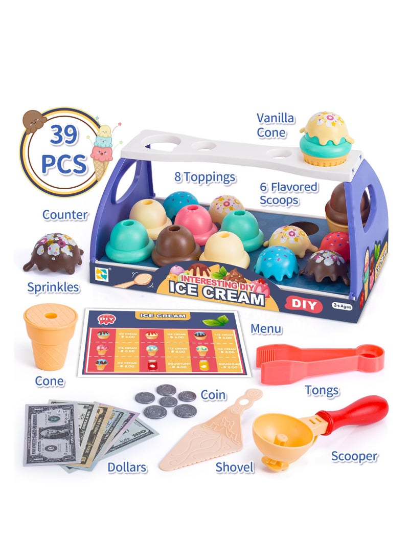 طقم لعبة عدّاء الآيس كريم للأطفال - مجموعة لعب آيس كريم تحتوي على 39 قطعة، تعليمية لتشجيع اللعب التخيلي، هدية رائعة للأطفال من عمر 3 إلى 6 سنوات. - Image 2