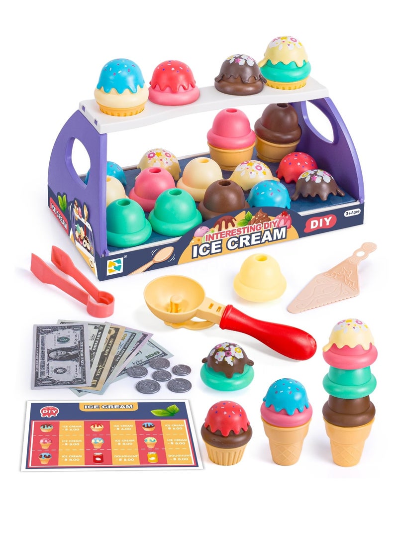 طقم لعبة عدّاء الآيس كريم للأطفال - مجموعة لعب آيس كريم تحتوي على 39 قطعة، تعليمية لتشجيع اللعب التخيلي، هدية رائعة للأطفال من عمر 3 إلى 6 سنوات. - Image 1