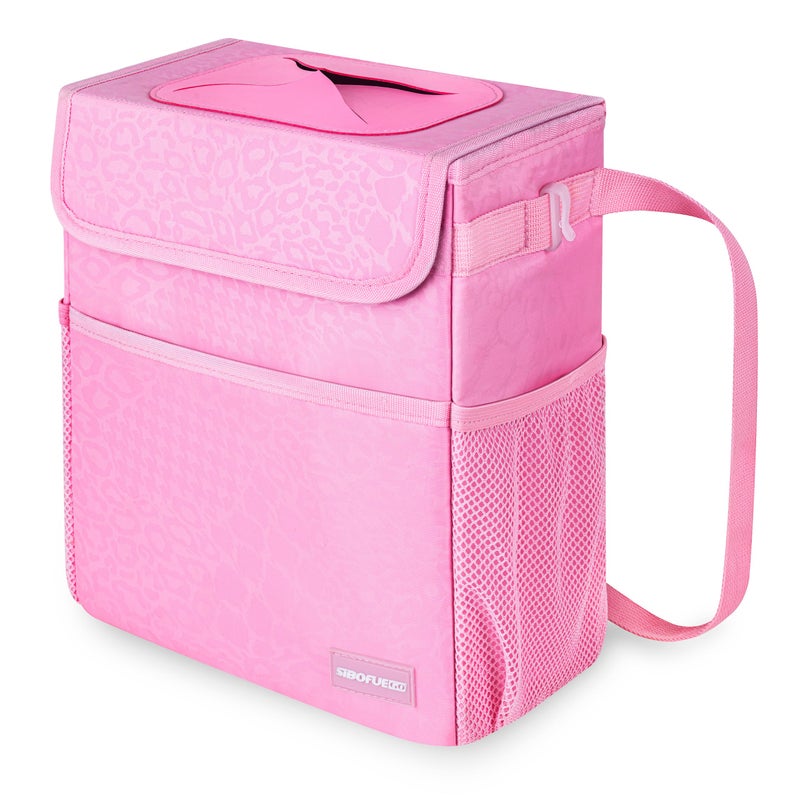 SIBOFUEGO Car Trash Can Cute Multifunctional Interior Car Accessory for Women Car Organizer and Storage with Adjustable Straps Car Stuff Storage 2 Gallons LeopardPrint Pink - Image 2