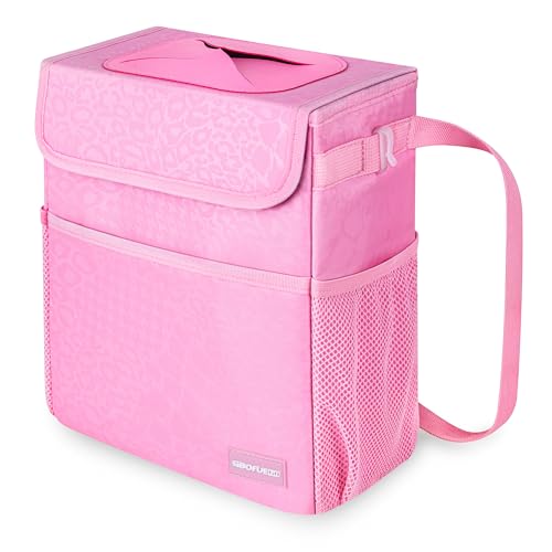 SIBOFUEGO Car Trash Can Cute Multifunctional Interior Car Accessory for Women Car Organizer and Storage with Adjustable Straps Car Stuff Storage 2 Gallons LeopardPrint Pink - Image 1