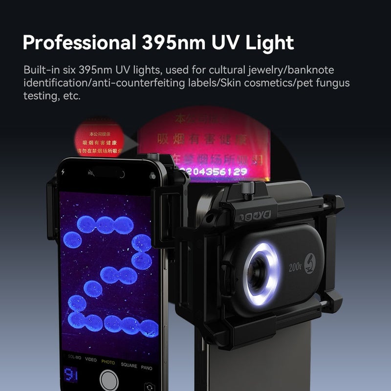 APEXEL APL-MS200 200X Mobile Phone Microscope Lens with LED/ UV Lights Built-in CPL Filter Battery Microscope Attachment Phone Micro Lens with Universal Phone Clip Replacement for iPhone 15/14/13/12 - Image 5