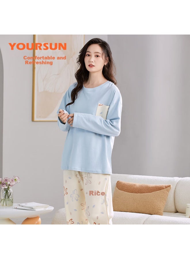 Your Sun Comfortable And Refreshing 100% Cotton Women's Pajamas Spring/autumn Round Neck Long Sleeve Set Home Wear Loose Fit Can Be Worn Outside - Image 3