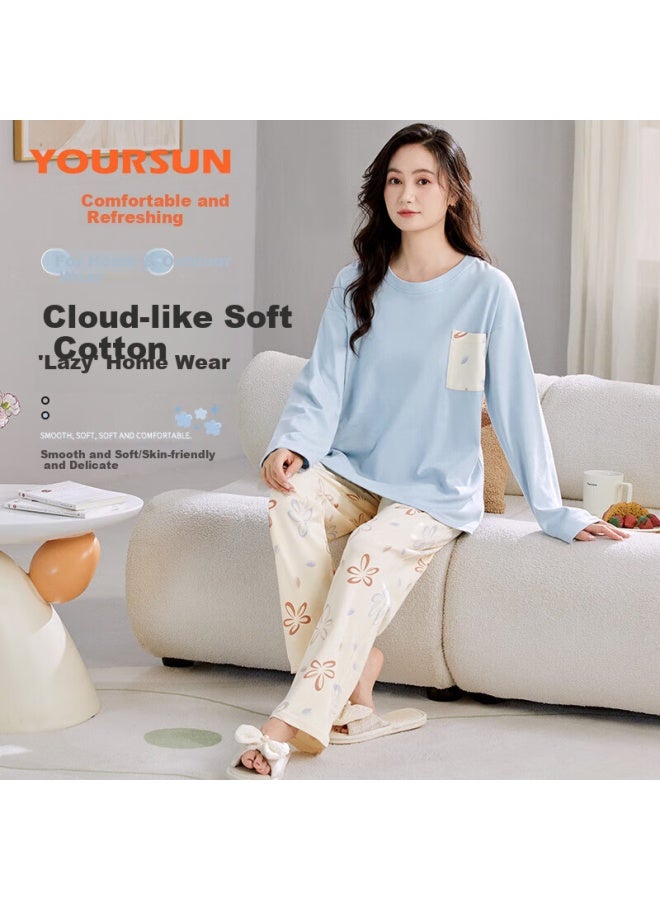 Your Sun Comfortable And Refreshing 100% Cotton Women's Pajamas Spring/autumn Round Neck Long Sleeve Set Home Wear Loose Fit Can Be Worn Outside - Image 1