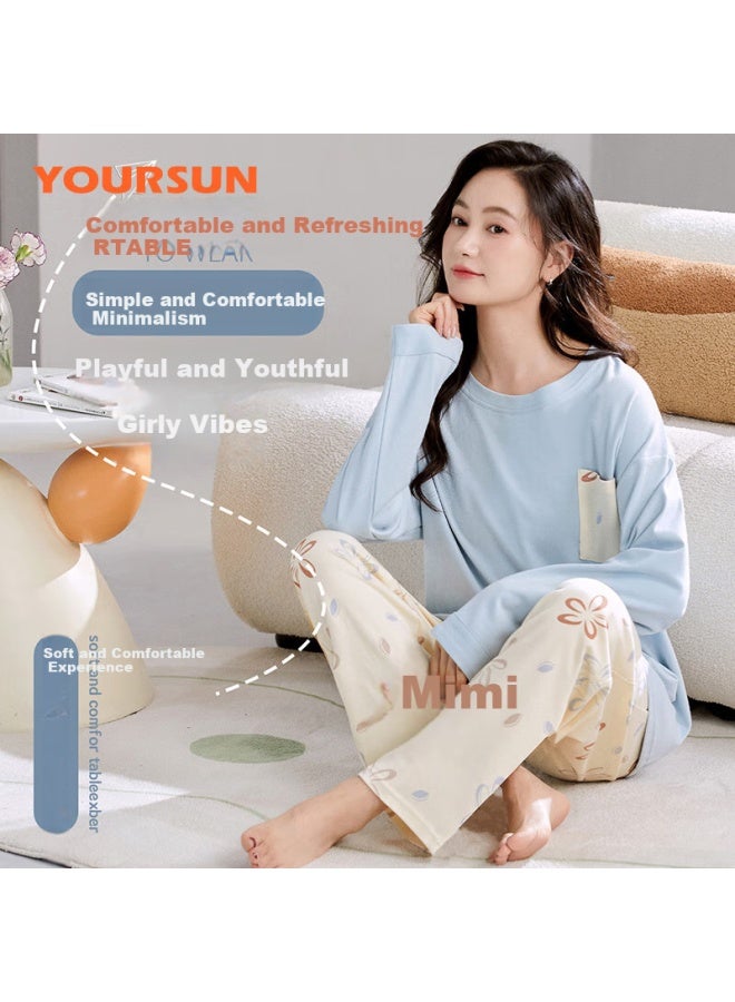 Your Sun Comfortable And Refreshing 100% Cotton Women's Pajamas Spring/autumn Round Neck Long Sleeve Set Home Wear Loose Fit Can Be Worn Outside - Image 2