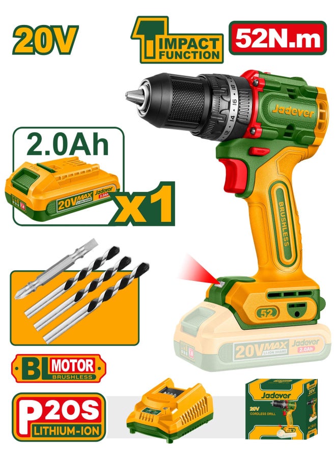 Jadever JADEVER Compact Brushless Cordless Impact Drill 20V 50N.M BL JDCDP5282