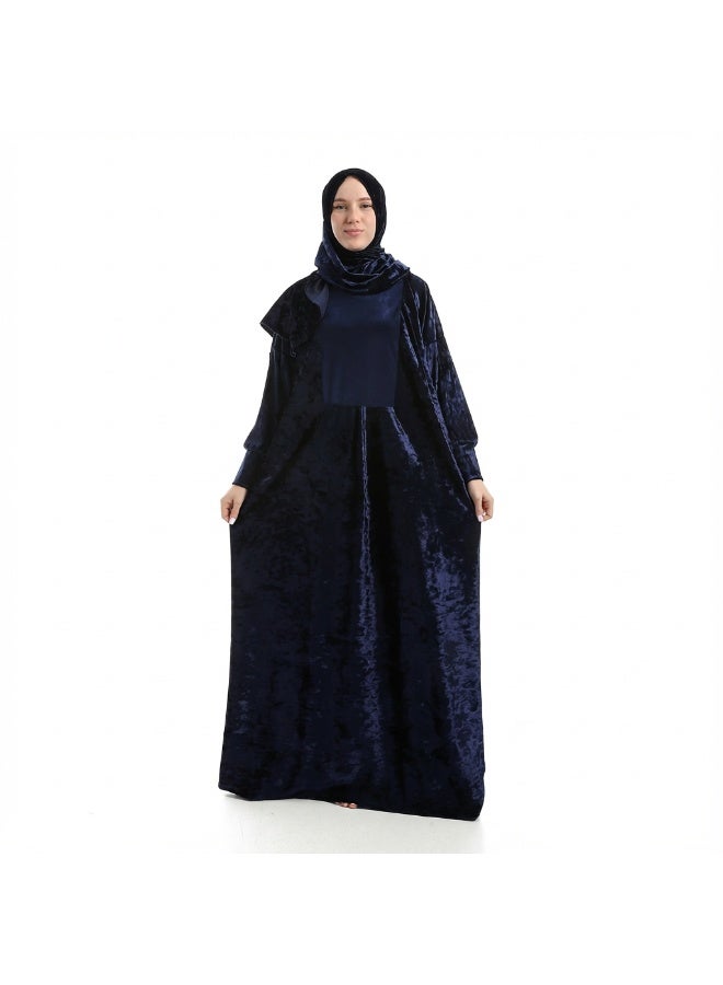 شرشف صلاة مخمل سادة بطرحة متصلة - كحلي - Image 1