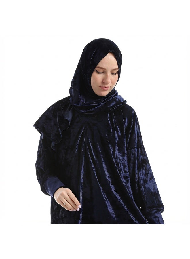 شرشف صلاة مخمل سادة بطرحة متصلة - كحلي - Image 3