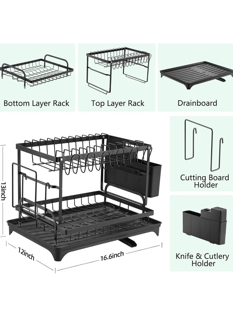 Tradeo Kitchen Metal Dish Drainer Over Sink 2 Tier Dish Rack with Utensil Holder & Cutting Board Holder & Drainboard Tray, Rotatable Drainage System Scratch Resistant Frosted Baking Process Coatings, White - Image 4