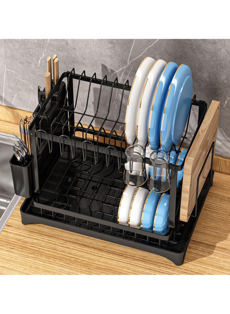 Tradeo Kitchen Metal Dish Drainer Over Sink 2 Tier Dish Rack with Utensil Holder & Cutting Board Holder & Drainboard Tray, Rotatable Drainage System Scratch Resistant Frosted Baking Process Coatings, White - Image 5