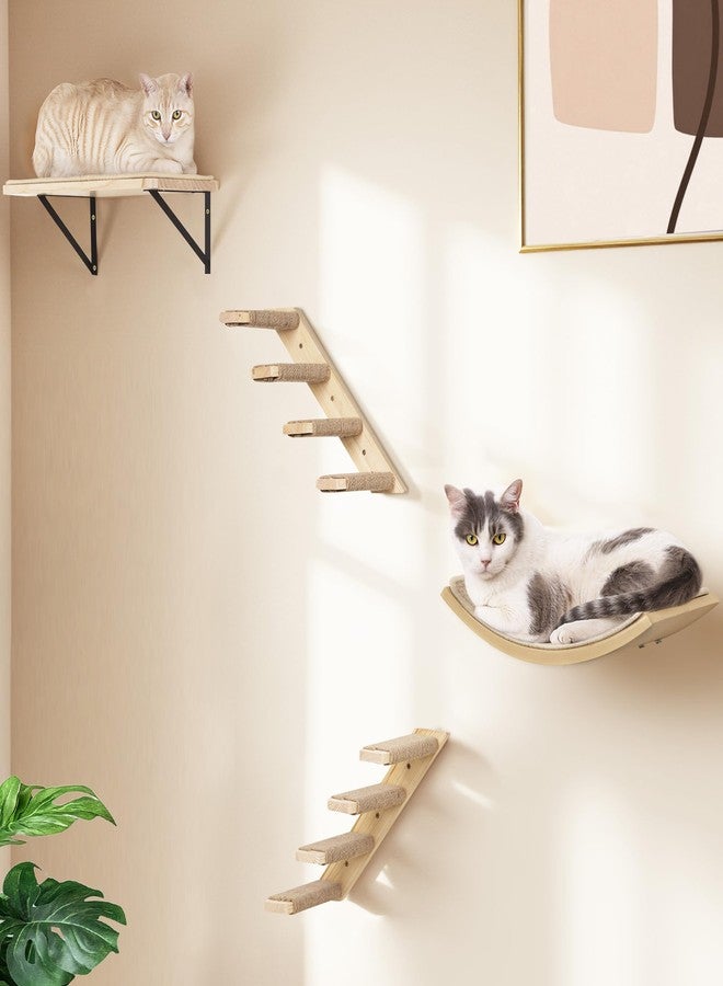 PELUOMOZ Cat Wall Shelves Set with Sisal Cats Window Perch, 4 Piece Wood Climbing Furniture with Curved Sisal Bed, Flat Shelf & Two Wall-Mounted 4 Steps Cat Stairs - Image 1