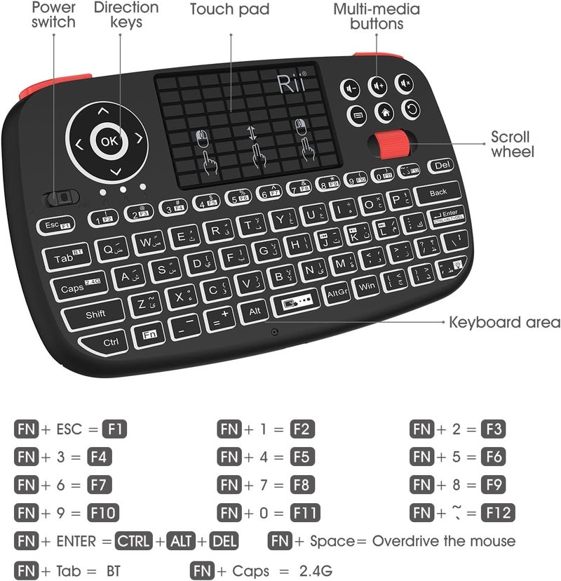 RII [Arabic layout]Rii i4 Mini Bluetooth Keyboard with Touchpad, Blacklit Portable Wireless Keyboard with 2.4G USB Dongle for Smartphones, PC.Black - Image 3