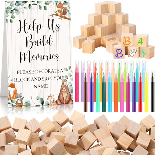 Dinifee 125 Pcs Baby Shower Decorate a Block Game Set Includes Help Us Build Memories Sign 100 DIY Blank Wooden Block 24 Paint Marker Prize for Wedding Baby Shower GameForest Animal - Image 1