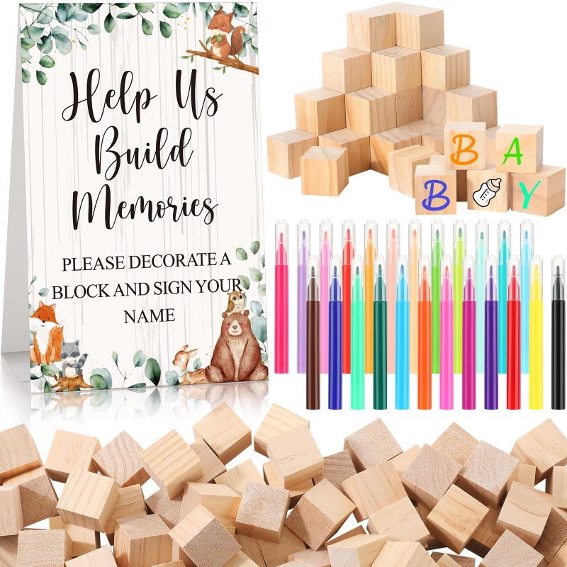 Dinifee 125 Pcs Baby Shower Decorate a Block Game Set Includes Help Us Build Memories Sign 100 DIY Blank Wooden Block 24 Paint Marker Prize for Wedding Baby Shower GameForest Animal - Image 3