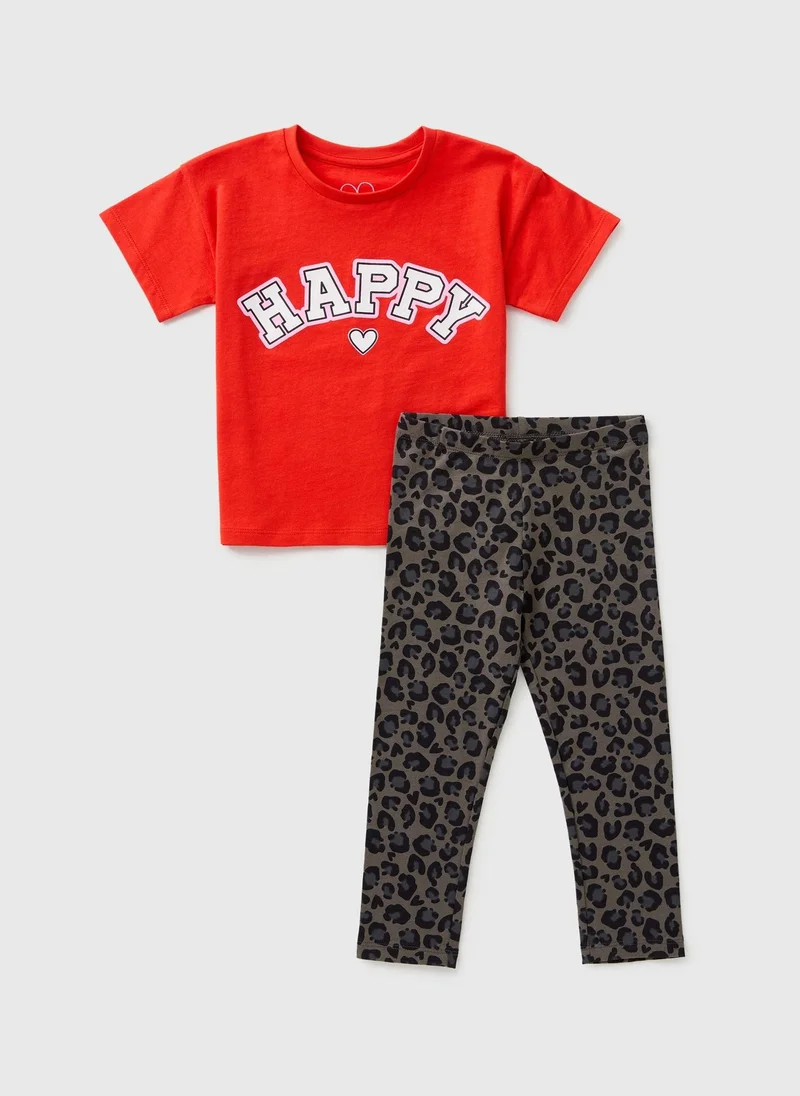 Matalan Girls Red Happy Leopard Top & Legging Set