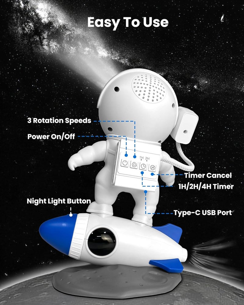 MERTTURM HD Astronaut Planetarium Projector, Galaxy Projector for Bedroom, HD Replaceable 13 Film Discs & Adjustable Focus Lens, Rocket Night Light, Timed Ceiling Light - Image 5