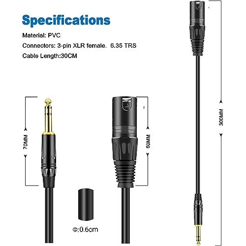 LanSenSu XLR to 1/4 TRS Stereo Adapter,XLR Male to 1/4 Inch (6.35mm) Stereo Balanced Microphone Stereo Audio Converter AdapterCable 2Pack- 11.8inch - Image 2