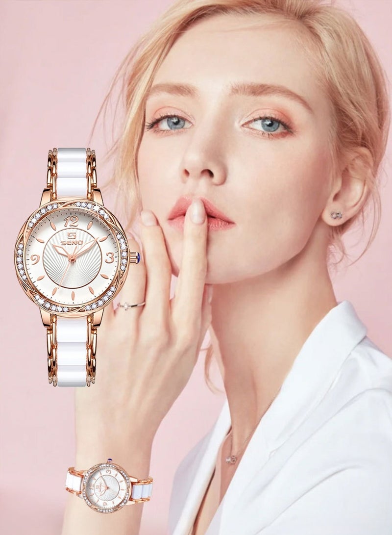 SENO Womens Luxury Wrist Watch Fashion Rhinestone White Ceramic Watch Casual Lady Nice Dress Watches (Rose Gold)  - Image 1
