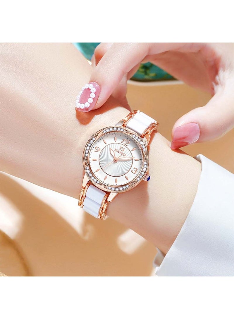 SENO Womens Luxury Wrist Watch Fashion Rhinestone White Ceramic Watch Casual Lady Nice Dress Watches (Rose Gold)  - Image 2