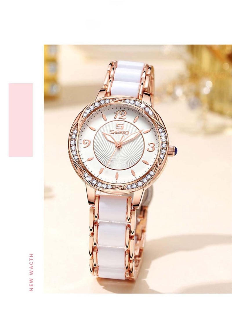 SENO Womens Luxury Wrist Watch Fashion Rhinestone White Ceramic Watch Casual Lady Nice Dress Watches (Rose Gold)  - Image 4