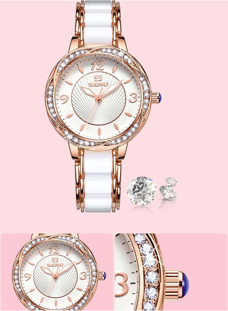 SENO Womens Luxury Wrist Watch Fashion Rhinestone White Ceramic Watch Casual Lady Nice Dress Watches (Rose Gold)  - Image 3
