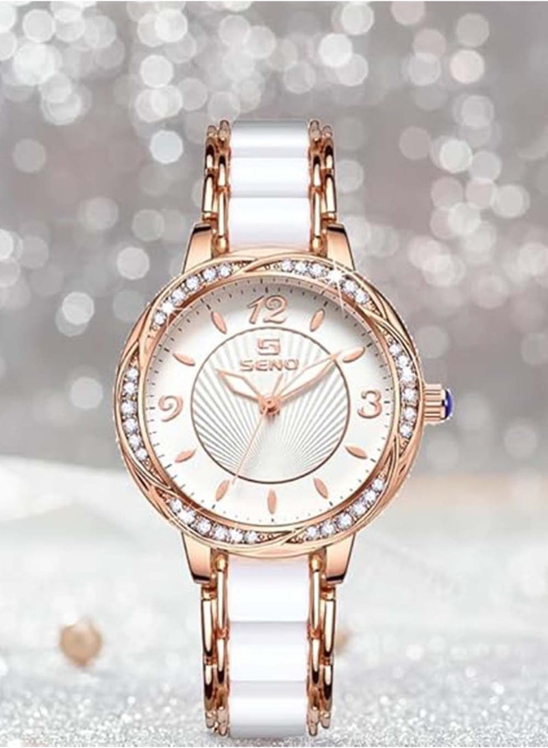 SENO Womens Luxury Wrist Watch Fashion Rhinestone White Ceramic Watch Casual Lady Nice Dress Watches (Rose Gold)  - Image 5
