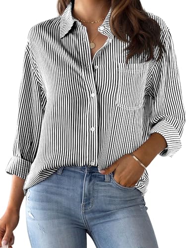 CUNLIN Black Button Down Shirt Women Blouses for Long Sleeve Up and White Tops Striped Top Clothes Blouse Womens Shirts Black Size L - Image 1