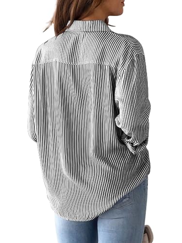 CUNLIN Black Button Down Shirt Women Blouses for Long Sleeve Up and White Tops Striped Top Clothes Blouse Womens Shirts Black Size L - Image 2